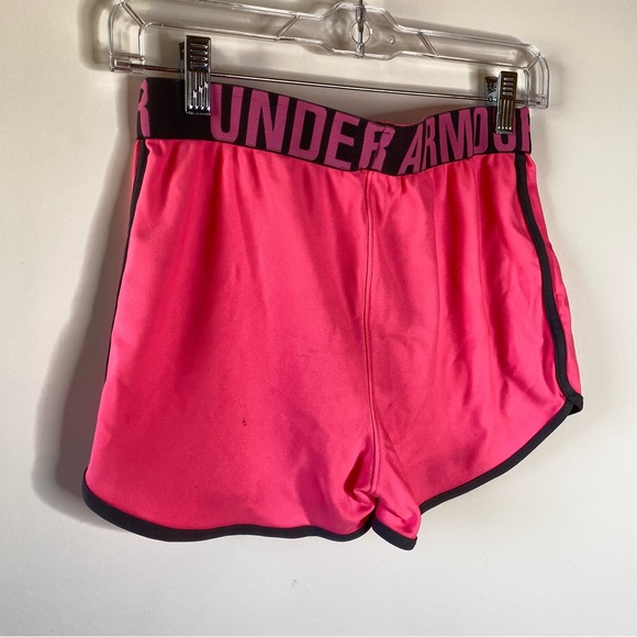 Under Armour Girls Running Shorts Youth L Pink Black Folderover Waist Loose Fit - Picture 12 of 13